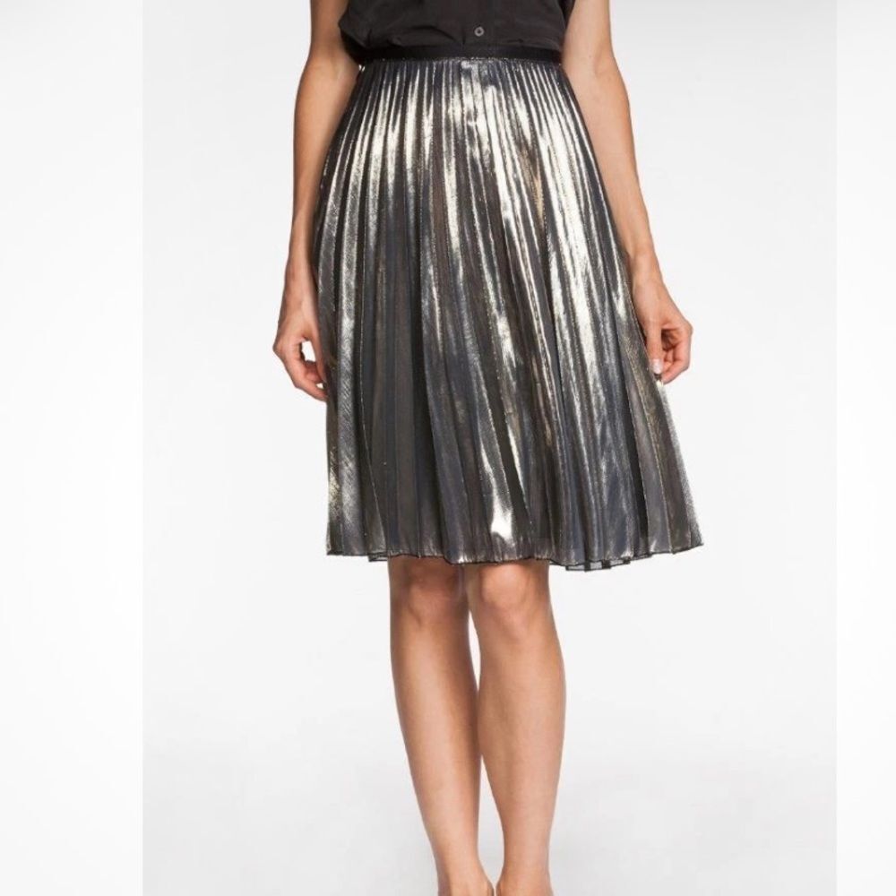 Rachel Roy Sunburst Skirt Metallic Silver Gold crisp pleats swirl lined Lame NEW